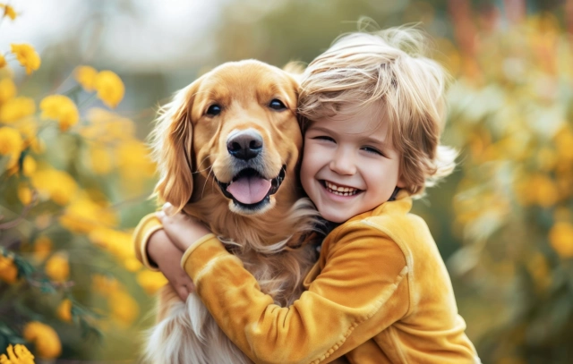 Kisfiú szorosan megölel egy retriever kutyát
