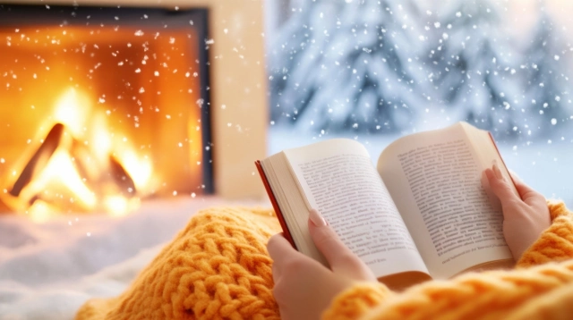 Hölgy könyvet olvas téli táj mellett, kandalló előtt ülve
