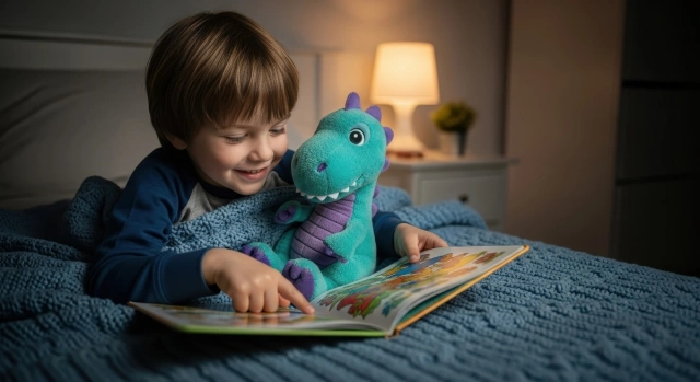 Kisfiú mesét olvas a plüss dinoszuruszának