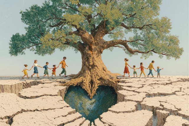 Hatalmas fa, amelynek a gyökere egy óriási szív, egy család jön és távozik