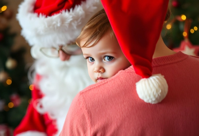 Kisgyerek az anyukájához bújik, mert fél a Mikulástól.