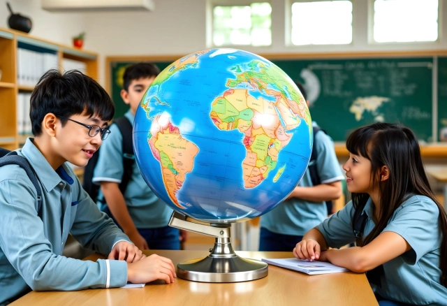 Tanulók nézik a földgömböt az osztályteremben