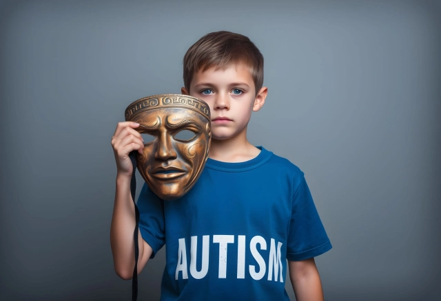 Autista kisfiú maszkot tart az arca elé
