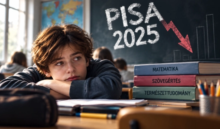 Fáradt diák az osztályteremben, mögötte a PISA 2025 felirat és a magyar eredmények visszaesését jelző nyíl